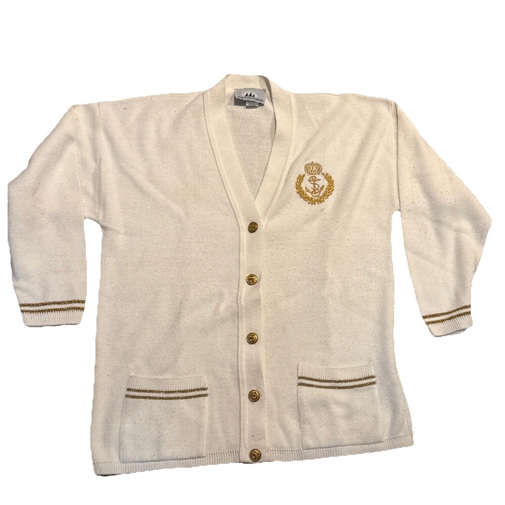 Vintage Bay Point Threads Womens Cardigan Sweater Medium Nautical Crest Nerd